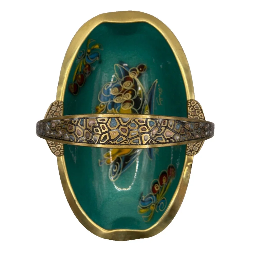 Vintage 1960s Brass Turquoise Enamel Basket With Handle Signed Made in Israel